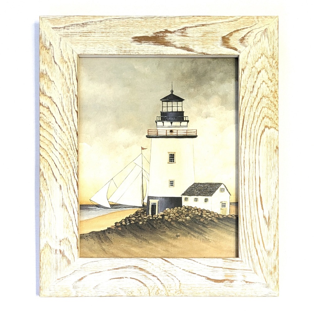 Coastal Lighthouse Framed Wall Art Print Nautical Sailboat Wood Frame